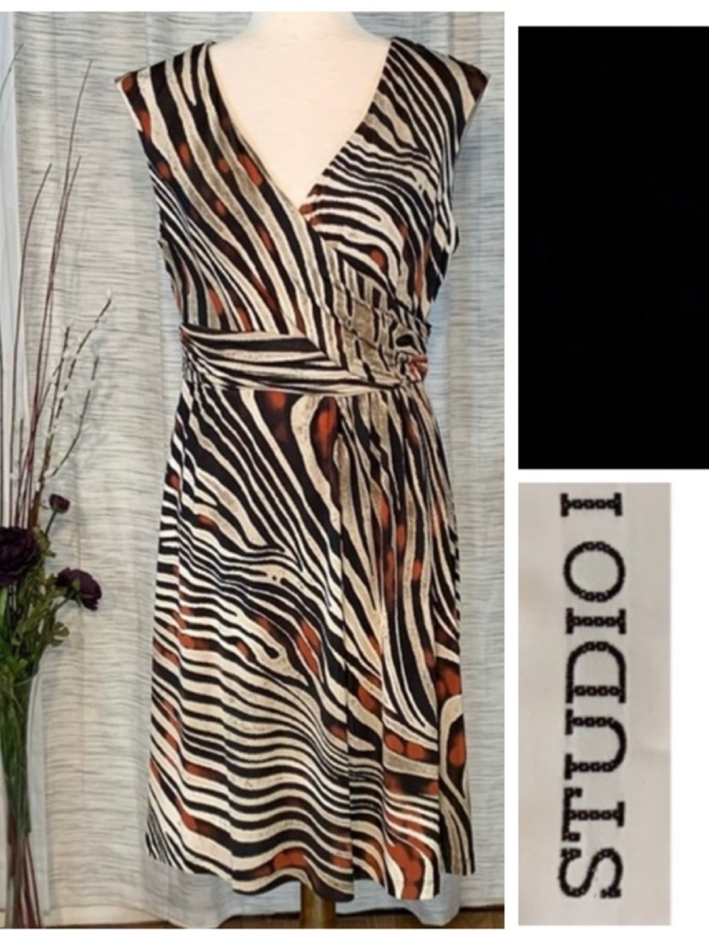 Studio I multicolored zebra stripe pattern sleeveless empire dress.